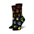 A pair of black crew socks with multicolored peace signs and peace hand gestures.  The peace symbols are in red, orange, yellow, green, blue, and purple.