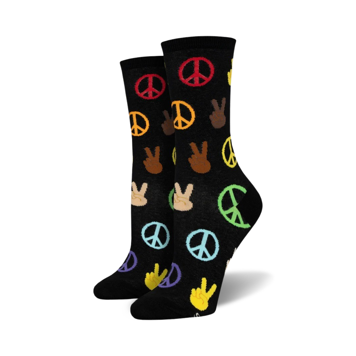 A pair of black crew socks with multicolored peace signs and peace hand gestures.  The peace symbols are in red, orange, yellow, green, blue, and purple.