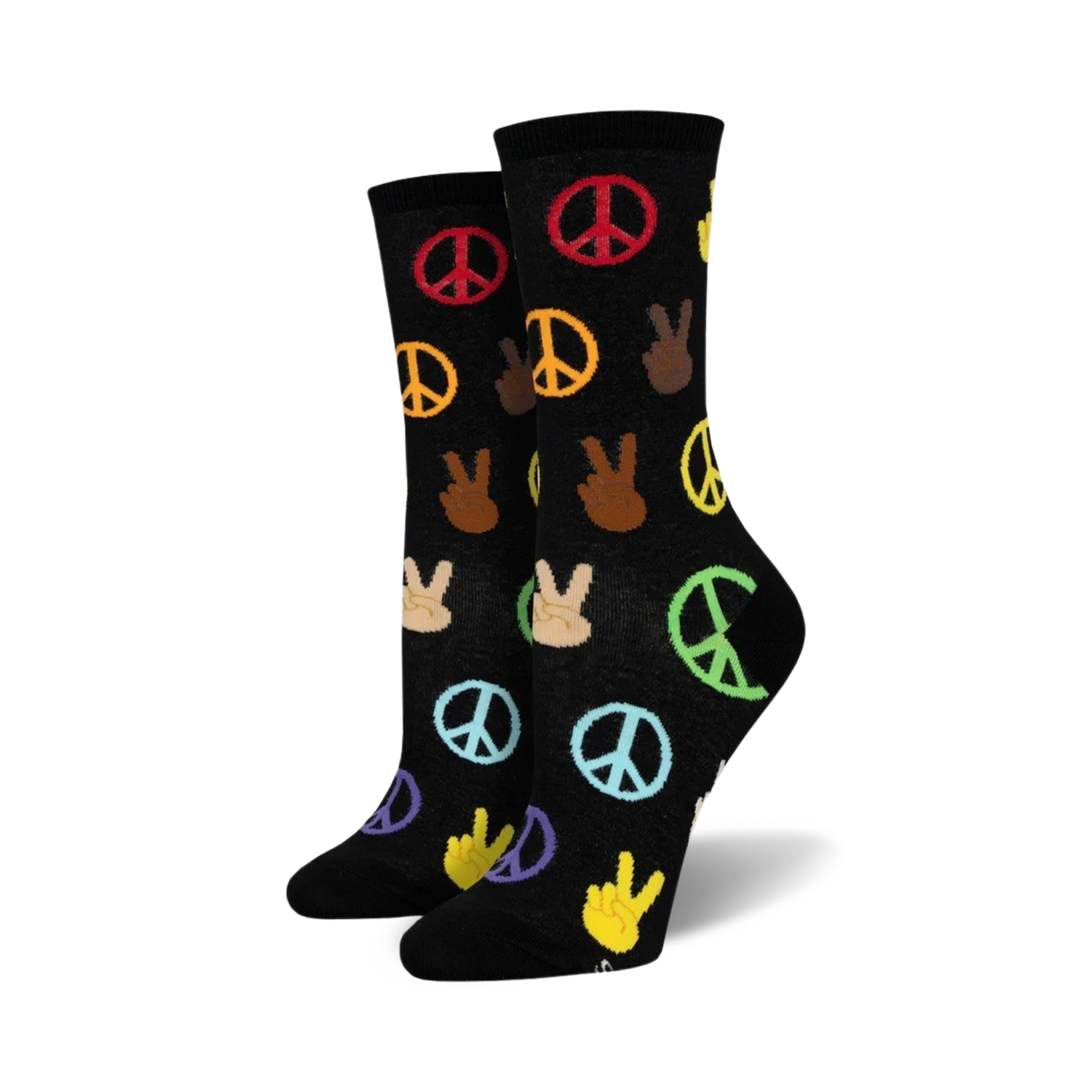 A pair of black crew socks with multicolored peace signs and peace hand gestures.  The peace symbols are in red, orange, yellow, green, blue, and purple.
