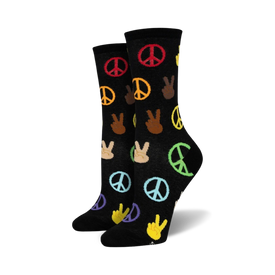 womens black multi colored crew socks with peace signs and hands, spreading peace and love  