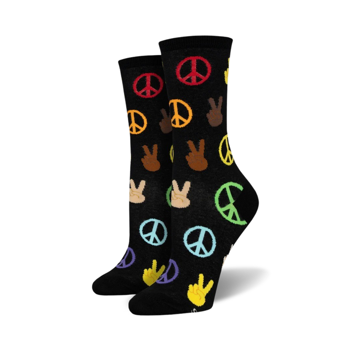 womens black multi colored crew socks with peace signs and hands, spreading peace and love   }}