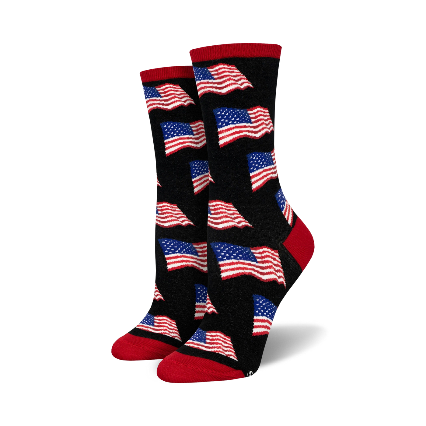 Pair of crew socks with a black background and repeating American flag pattern in red, white, and blue. Red and navy accents at the cuffs.