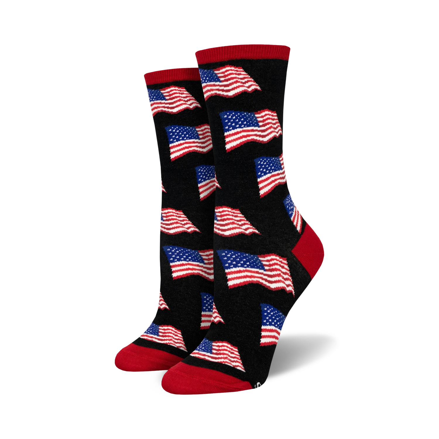 Pair of crew socks with a black background and repeating American flag pattern in red, white, and blue. Red and navy accents at the cuffs.