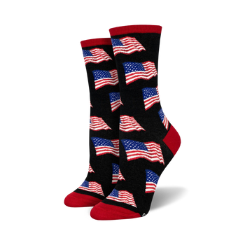 black women's crew socks with american flag pattern.  