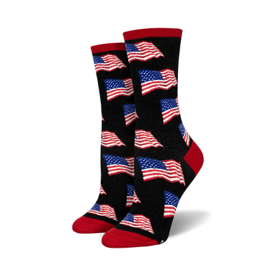 black women's crew socks with american flag pattern.  