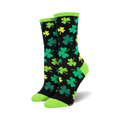 Pair of black crew socks with green and yellow shamrocks. Lime green cuffs. Fun, festive print!