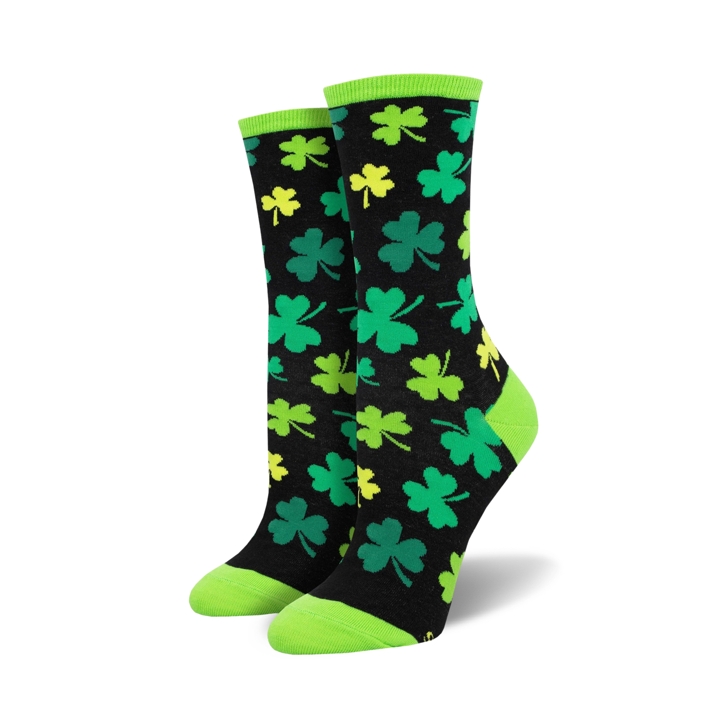 Pair of black crew socks with green and yellow shamrocks. Lime green cuffs. Fun, festive print!