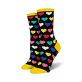 Pair of women's crew socks. Black background with multicolored hearts, yellow cuff.