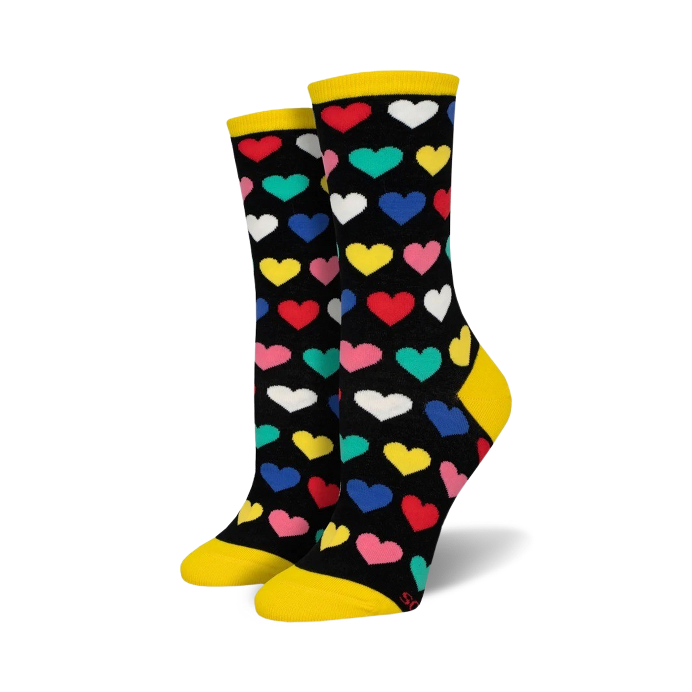 Pair of women's crew socks. Black background with multicolored hearts, yellow cuff.