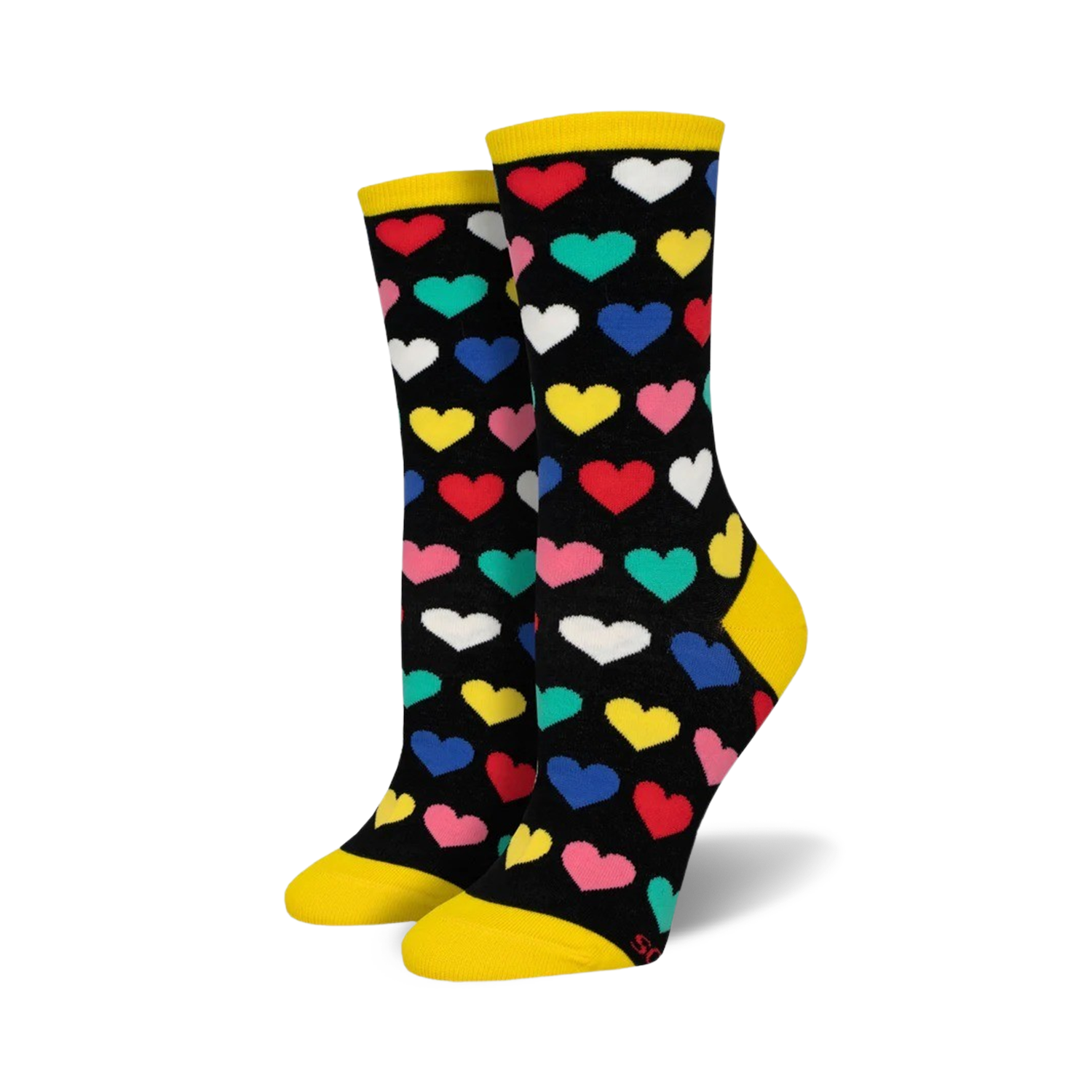 Pair of women's crew socks. Black background with multicolored hearts, yellow cuff.