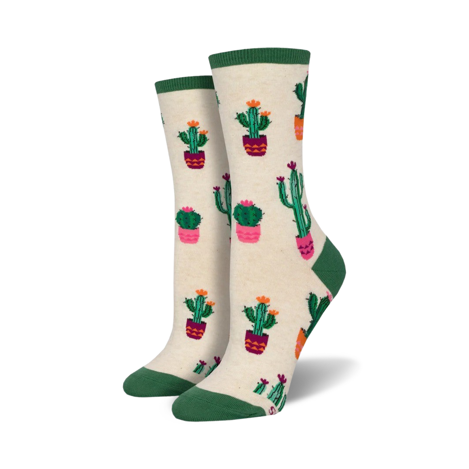 Cream crew socks with a fun pattern of cacti in pink and green pots. Green and cream cuffs.