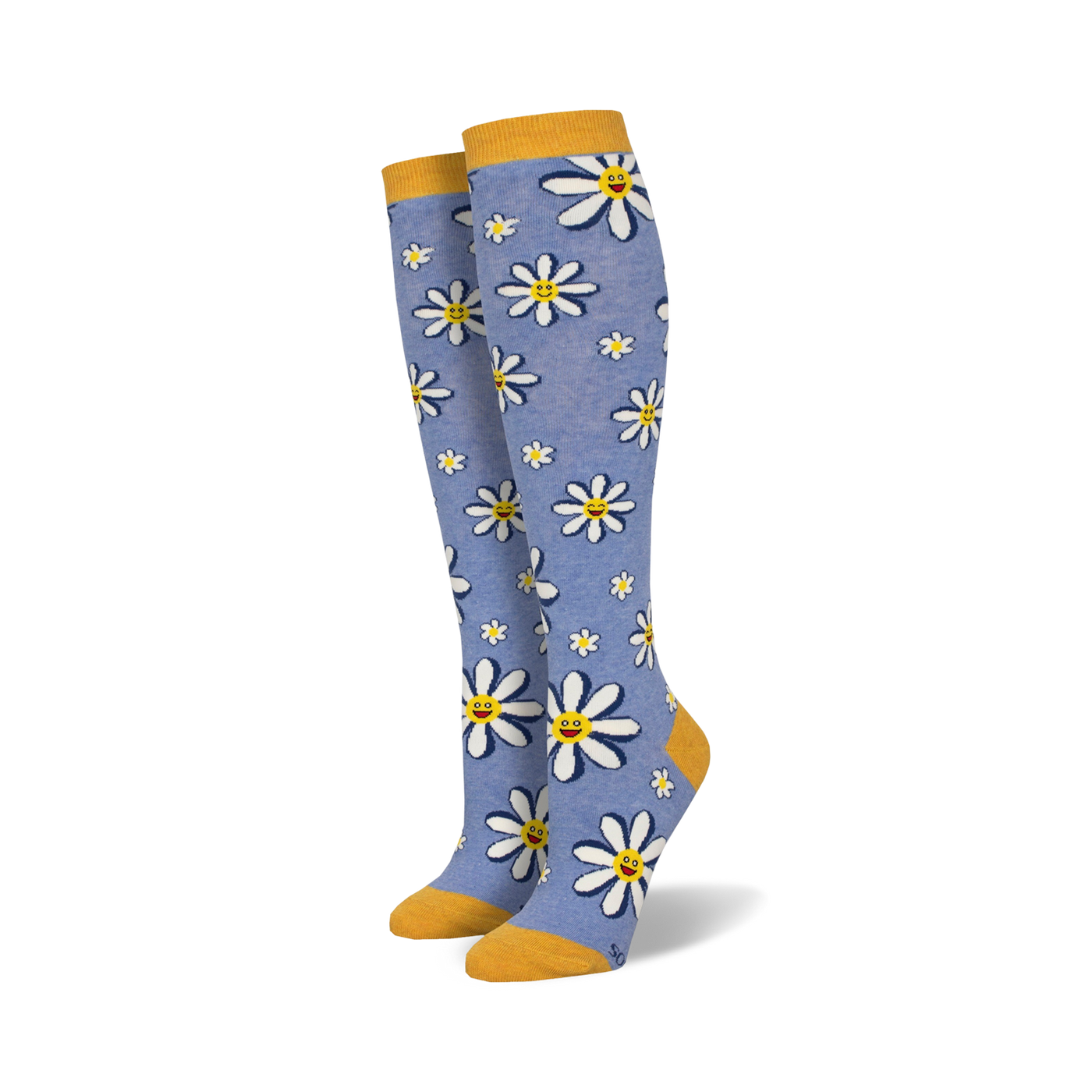 Lifestyle shot showing the periwinkle 'Whoopsy Daisy' knee-high socks on a model's legs.