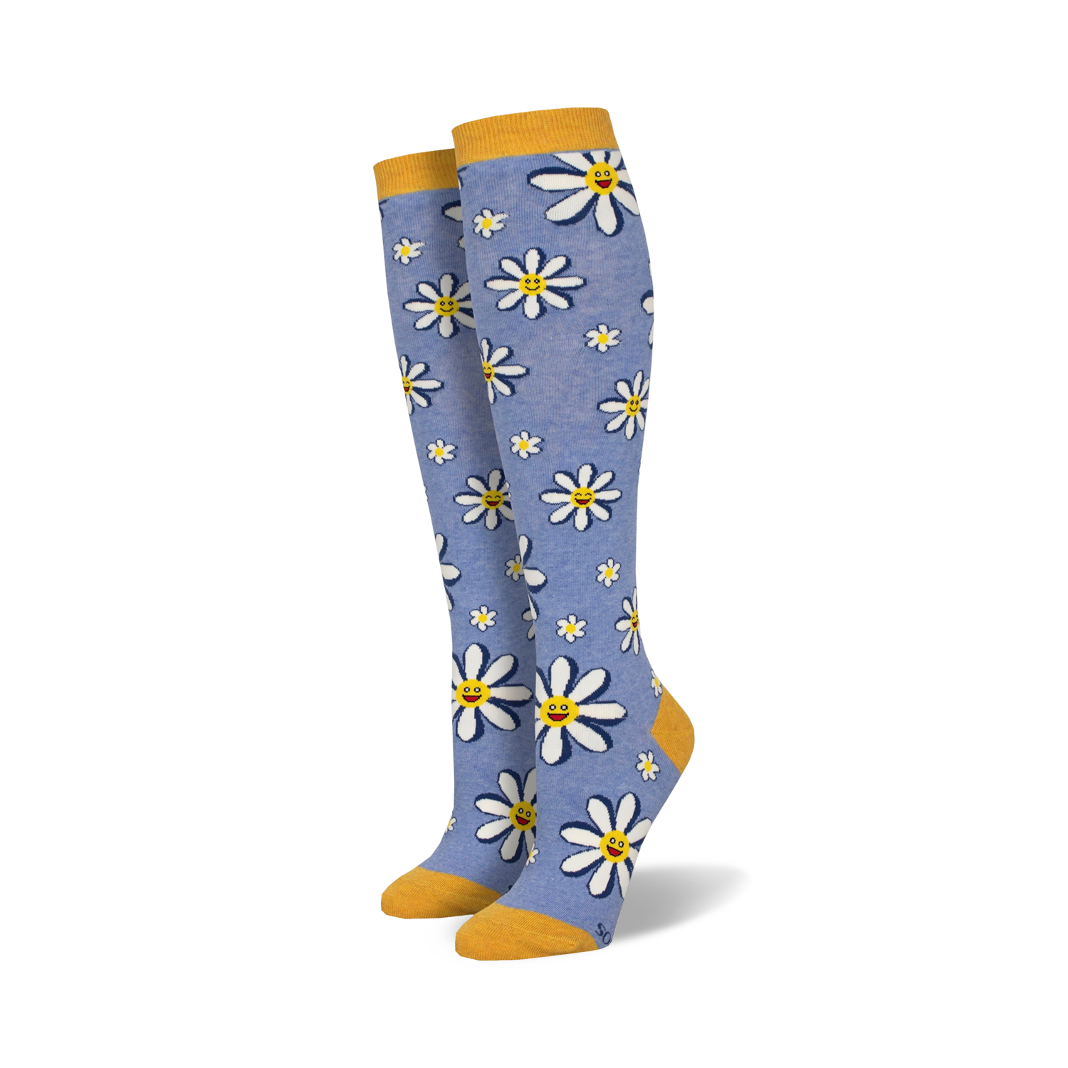 Lifestyle shot showing the periwinkle 'Whoopsy Daisy' knee-high socks on a model's legs.