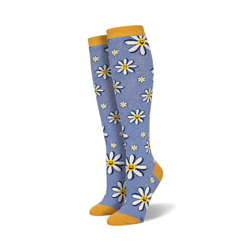 Lifestyle shot showing the periwinkle 'Whoopsy Daisy' knee-high socks on a model's legs.