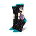 A pair of women's crew socks in teal, black, and multicolored design.  Features an illustration of an Egyptian queen with birds.