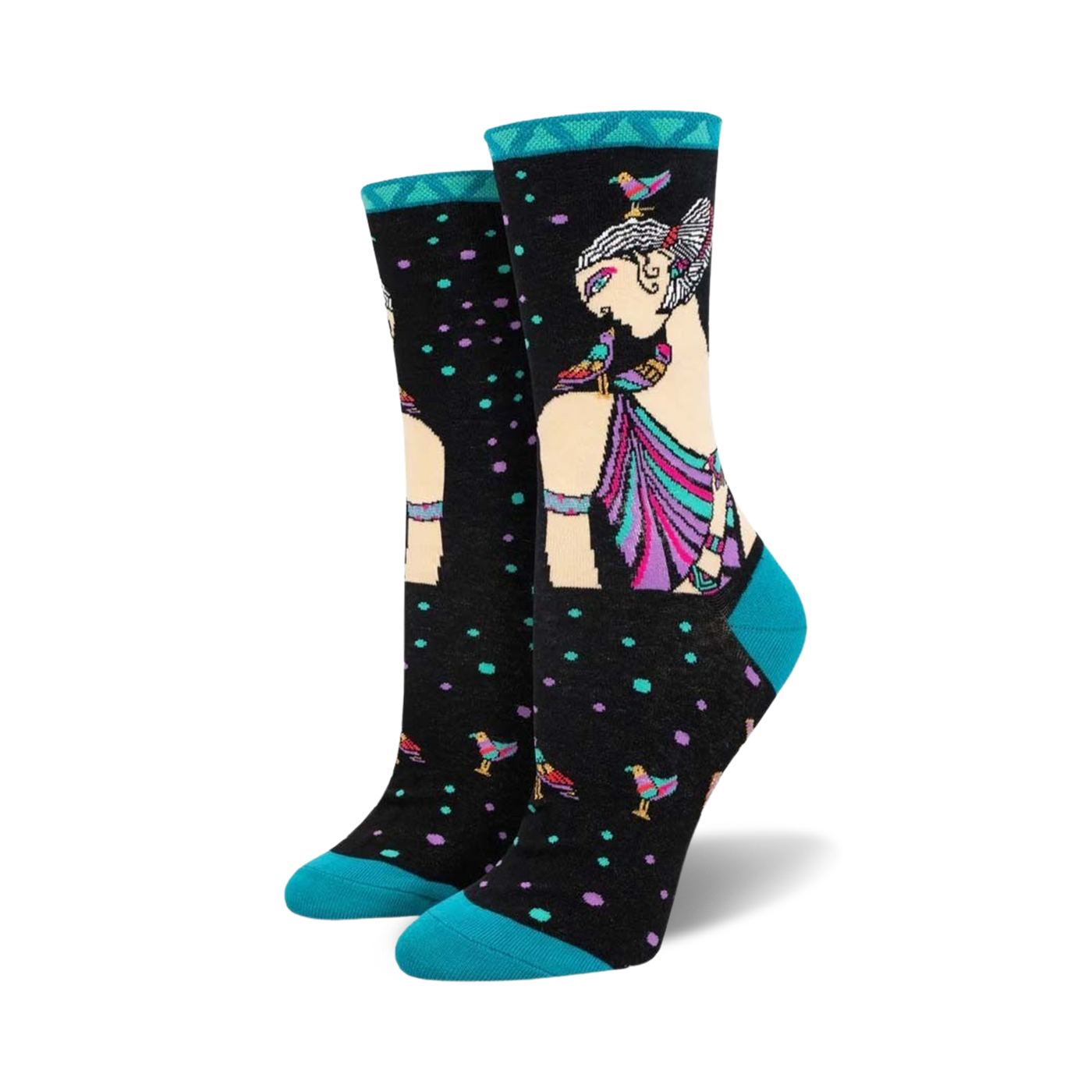 A pair of women's crew socks in teal, black, and multicolored design.  Features an illustration of an Egyptian queen with birds.