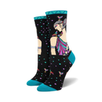 A pair of women's crew socks in teal, black, and multicolored design.  Features an illustration of an Egyptian queen with birds.