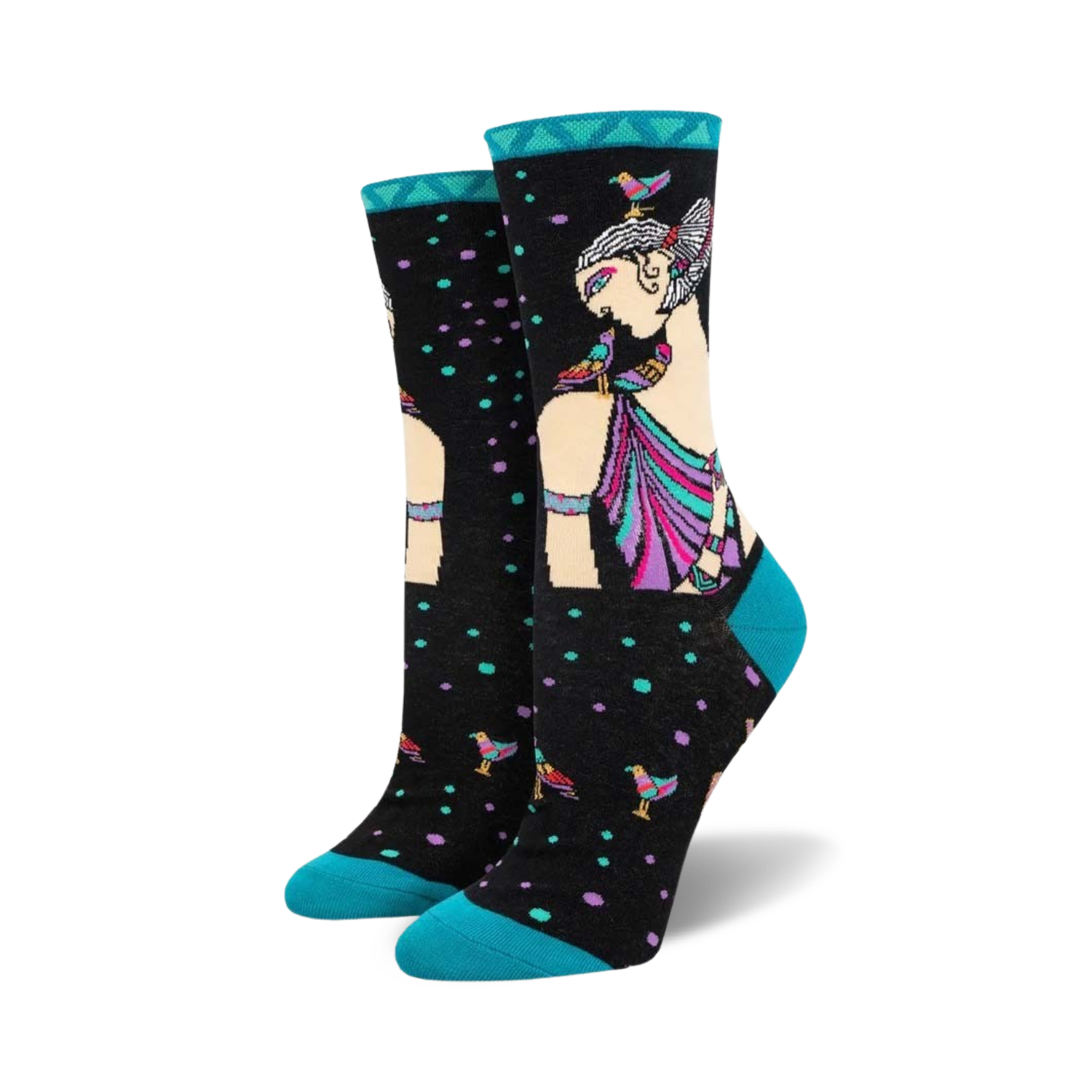 A pair of women's crew socks in teal, black, and multicolored design.  Features an illustration of an Egyptian queen with birds.