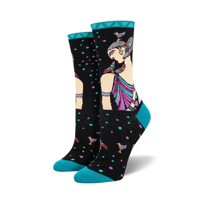  laurel burch alka women's crew socks - black with colorful pattern of woman and birds  