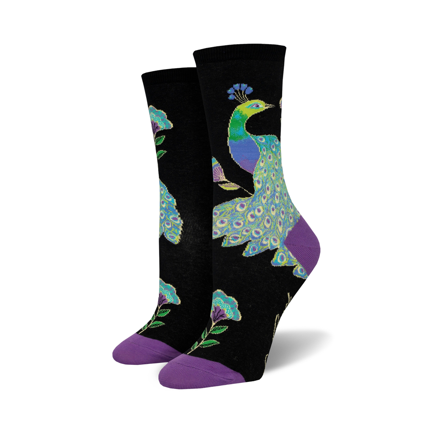 Pair of women's crew socks. Black background with teal, purple, and green peacock design and purple flowers. Purple and teal cuffs.