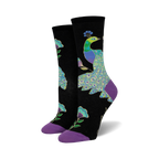 Pair of women's crew socks. Black background with teal, purple, and green peacock design and purple flowers. Purple and teal cuffs.