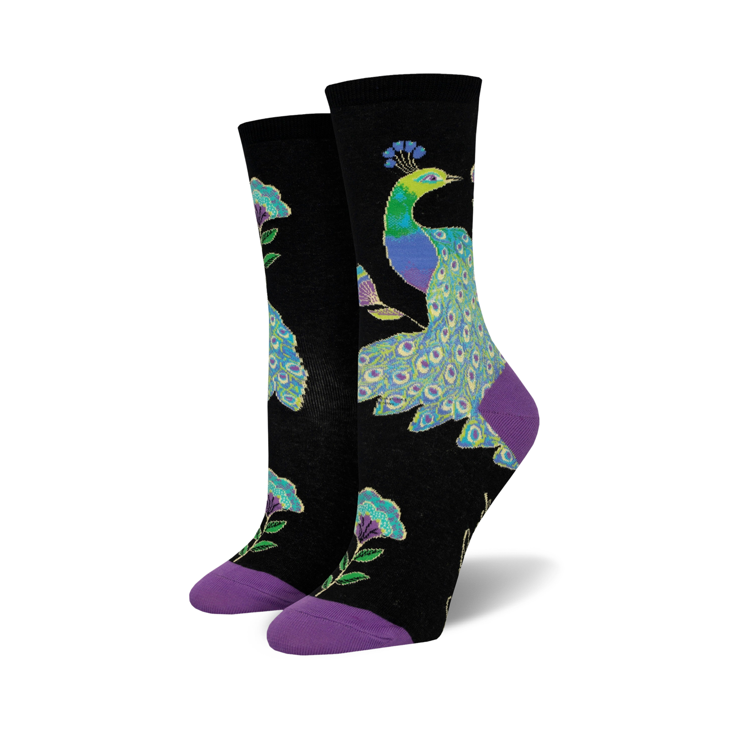 Pair of women's crew socks. Black background with teal, purple, and green peacock design and purple flowers. Purple and teal cuffs.