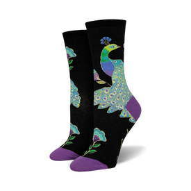 womens black crew socks with colorful peacocks and flowers along with a purple toe and heel.   