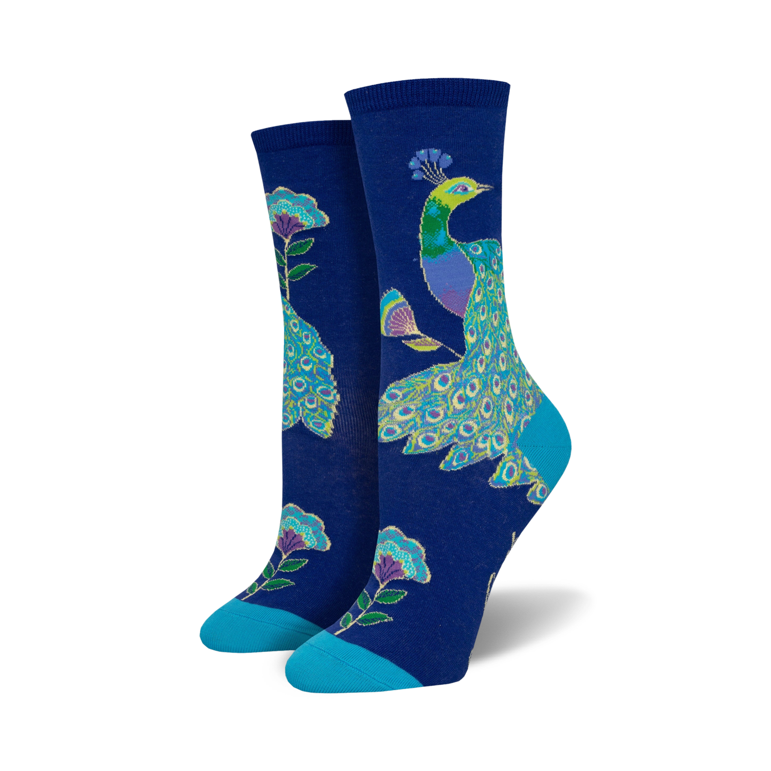 Lifestyle shot showing the navy Intricate Peacock socks on a woman's feet, highlighting the sock's color and design in a real-world setting.