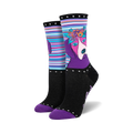 A pair of women's crew socks in purple, teal, and black. One sock features a purple dog with a floral crown; the other shows colorful stripes.