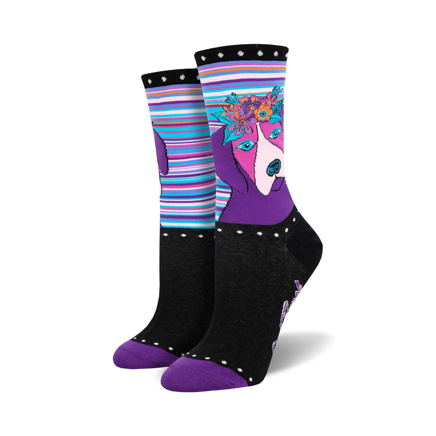 A pair of women's crew socks in purple, teal, and black. One sock features a purple dog with a floral crown; the other shows colorful stripes.