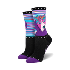 A pair of women's crew socks in purple, teal, and black. One sock features a purple dog with a floral crown; the other shows colorful stripes.