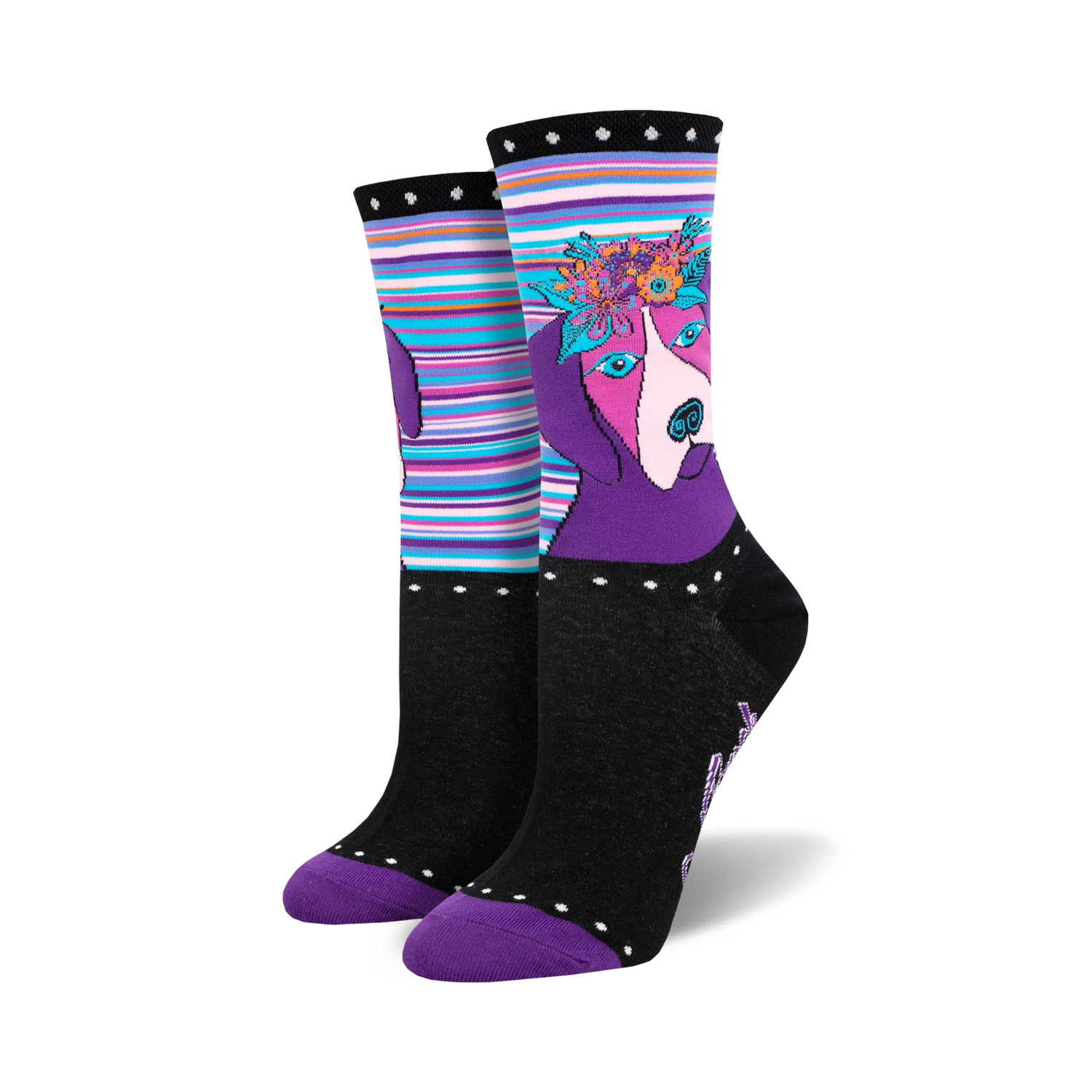 A pair of women's crew socks in purple, teal, and black. One sock features a purple dog with a floral crown; the other shows colorful stripes.