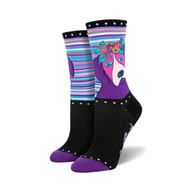 black crew socks with colorful flowers, leaves, dog face, purple polka dot toe/heel, striped cuff.  