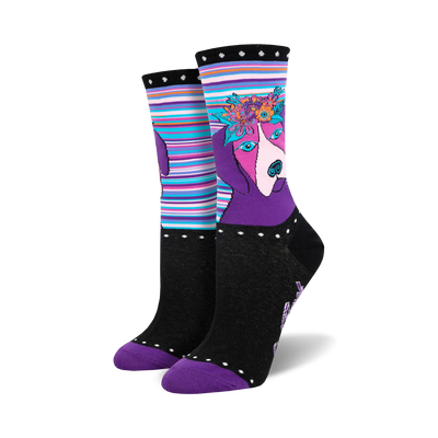 black crew socks with colorful flowers, leaves, dog face, purple polka dot toe/heel, striped cuff.  