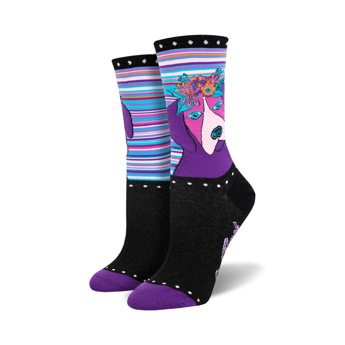 black crew socks with colorful flowers, leaves, dog face, purple polka dot toe/heel, striped cuff.   }}