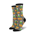 Pair of women's crew socks in grey with a pattern of orange pumpkin teapots and little ghosts that say 'boo'.