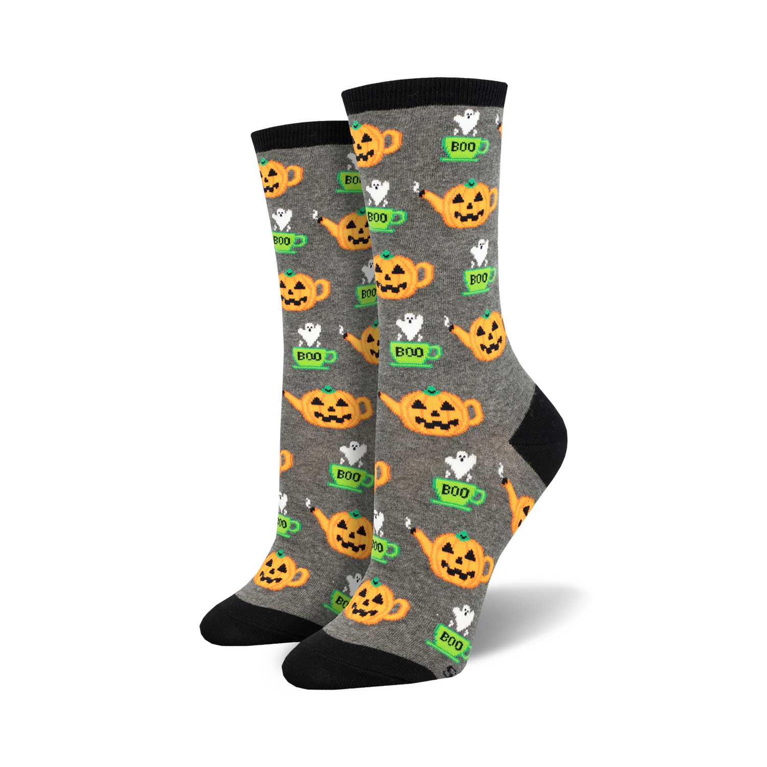 Pair of women's crew socks in grey with a pattern of orange pumpkin teapots and little ghosts that say 'boo'.