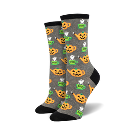 womens gray crew socks with allover halloween themed design of pumpkins, ghosts, and teapots in orange, white, black, and green   