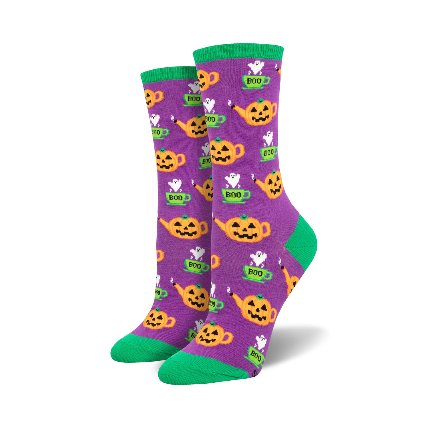 Lifestyle shot showing the purple Pumpkin Spice Tea socks on a person's feet. 