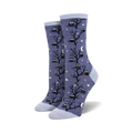 Don't Give A Hoot crew socks in periwinkle blue, featuring black owls on trees, white stars & moons. Light blue cuffs/toes.