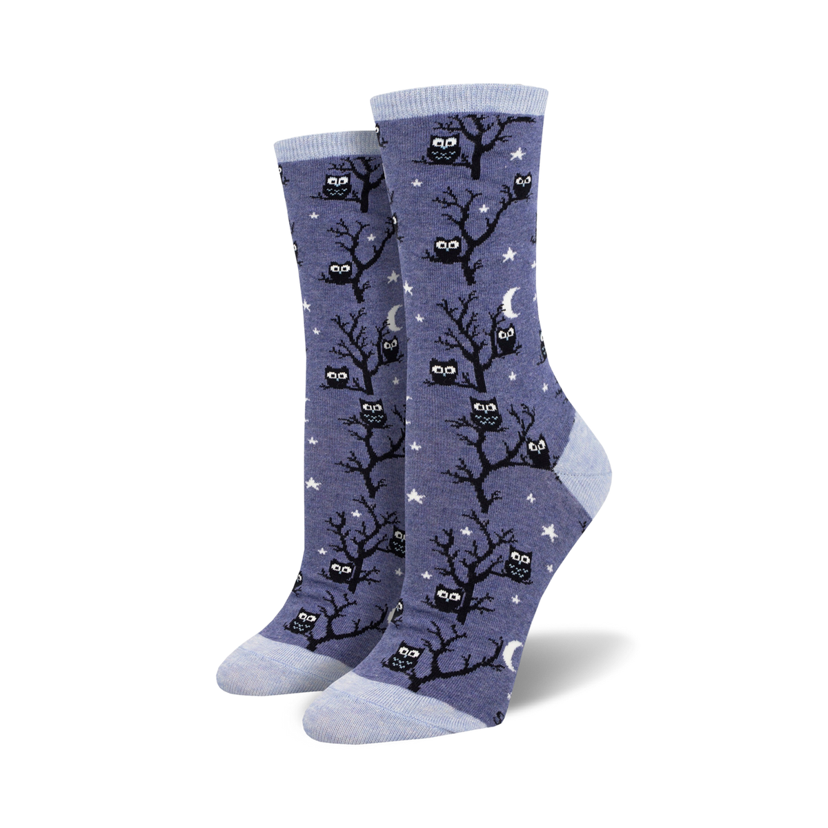 Don't Give A Hoot crew socks in periwinkle blue, featuring black owls on trees, white stars & moons. Light blue cuffs/toes.