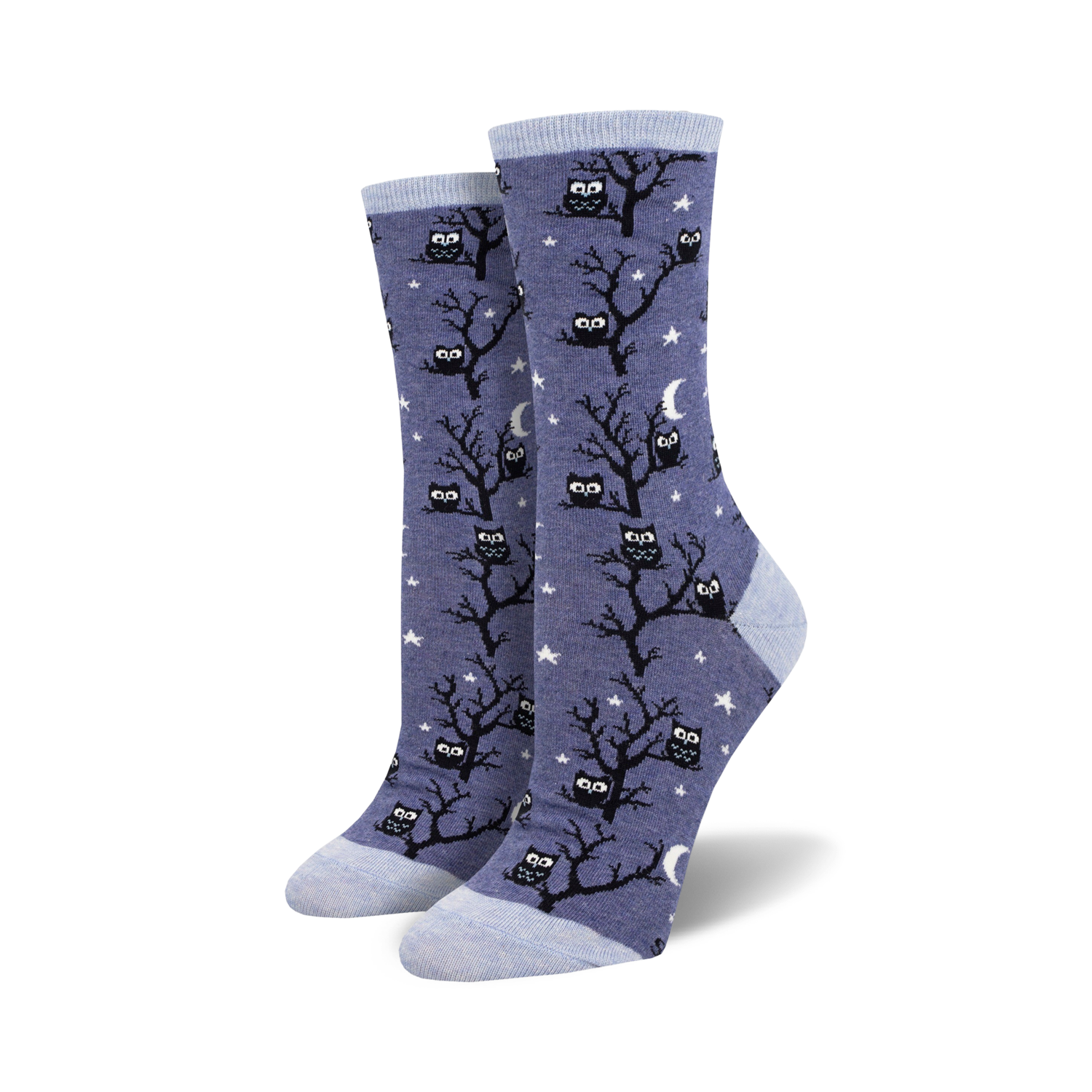Don't Give A Hoot crew socks in periwinkle blue, featuring black owls on trees, white stars & moons. Light blue cuffs/toes.