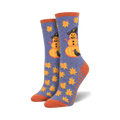 Crew socks in purple and orange featuring pumpkin snowmen wearing witch hats, ravens, and autumn leaves.