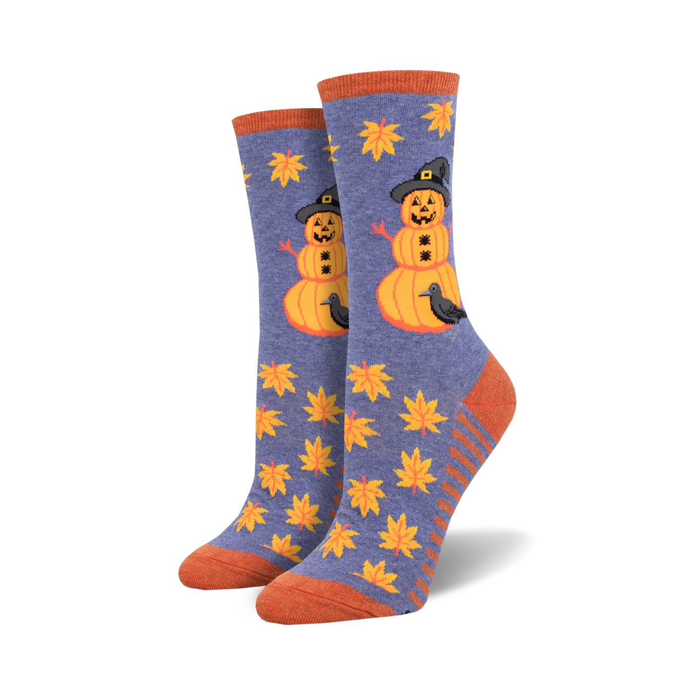 Crew socks in purple and orange featuring pumpkin snowmen wearing witch hats, ravens, and autumn leaves.