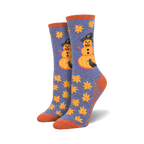 Crew socks in purple and orange featuring pumpkin snowmen wearing witch hats, ravens, and autumn leaves.