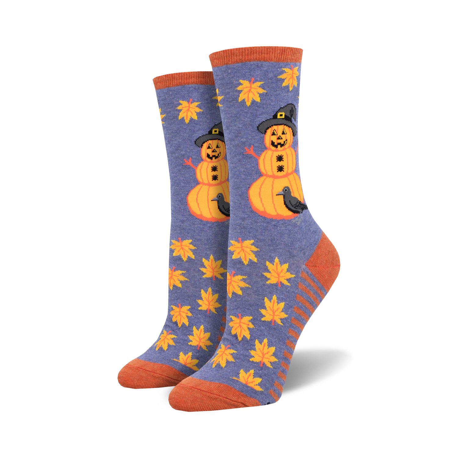 Crew socks in purple and orange featuring pumpkin snowmen wearing witch hats, ravens, and autumn leaves.