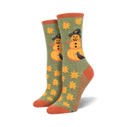 Close-up shot of Pumpkinman socks in olive green showing the detail of the design.