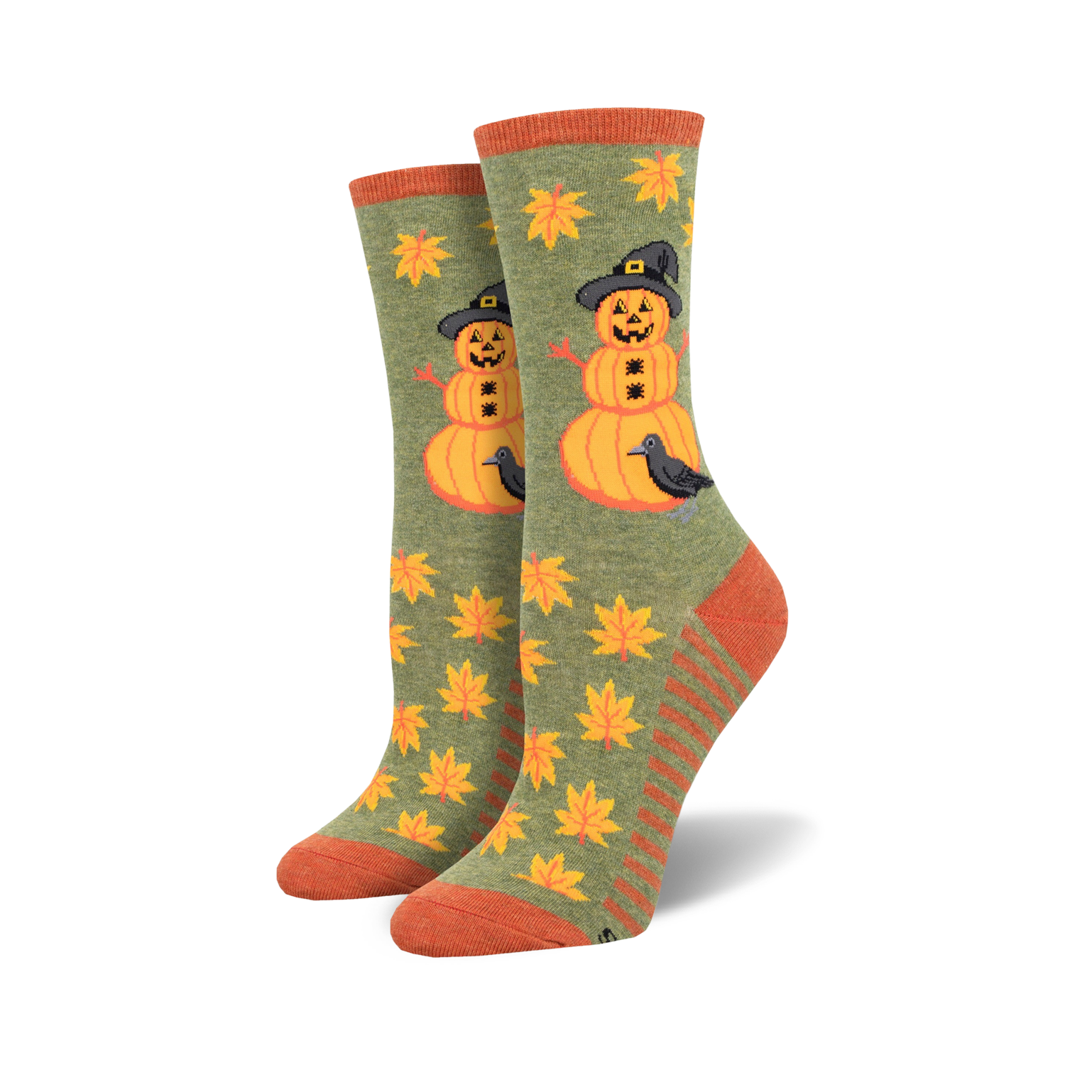 Close-up shot of Pumpkinman socks in olive green showing the detail of the design.