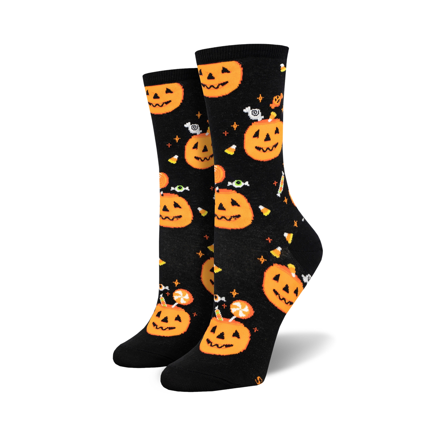 Pair of black crew socks with orange pumpkins, candy corn, and eyeballs.  Fun Halloween design!
