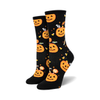 Pair of black crew socks with orange pumpkins, candy corn, and eyeballs.  Fun Halloween design!